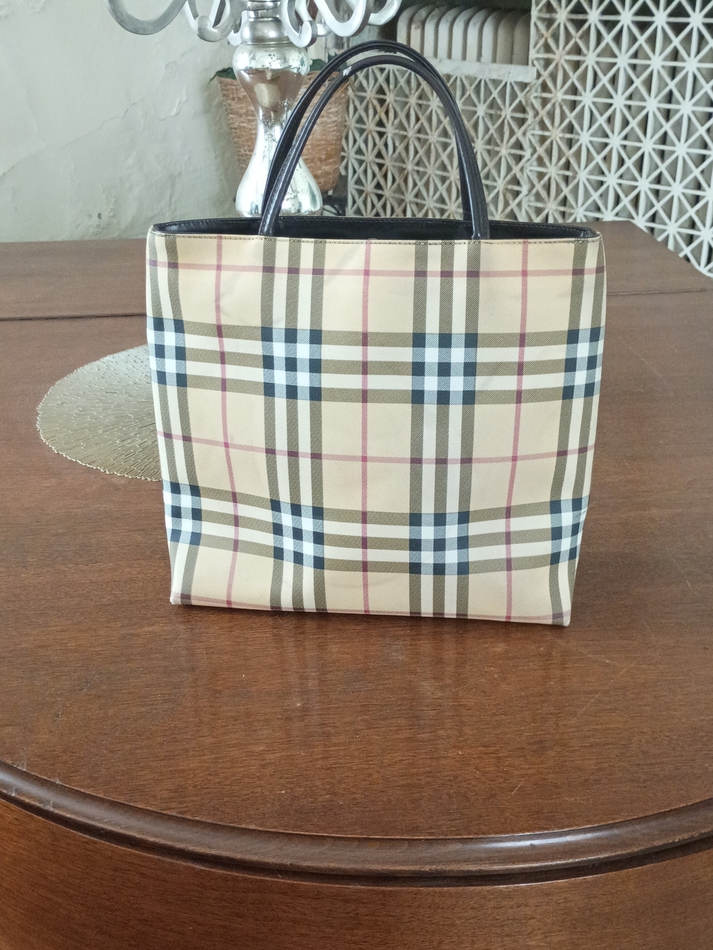 Burberry Beige Small Nova CheckTote with Dark Brown Handles - Picture 3 of 11